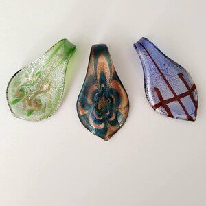 3 arty glass pendants-teal/gold, purple/rust, green/gold